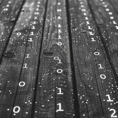 Binary Code on Rustic Wooden Planks Digital vs. Analog Contrast