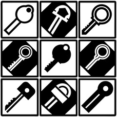 A collection of 9 black and white vector key icons, featuring flat and solid designs, including single keys and keyrings, displayed in a 3x3 grid on a white background