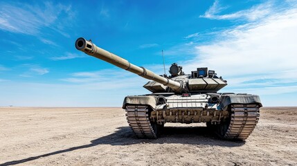 Powerful Tank in Desert Landscape with Blue Sky and Clouds, Military Vehicle in Rugged Terrain, Defense Mechanism Representing Strength and Technology