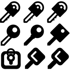 A collection of 9 black and white vector key icons, featuring flat and solid designs, including single keys and keyrings, displayed in a 3x3 grid on a white background
