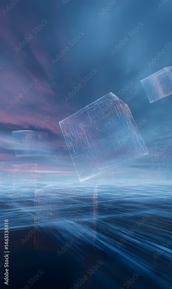 Poster translucent cube formations float above an ethereal landscape awash in the colors of twilight and re