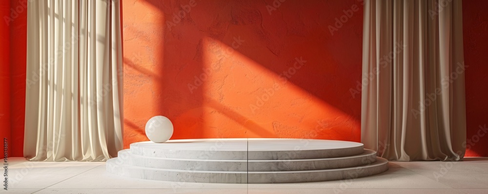 Poster empty round podium with curtains is bathed in sunlight in a room with a vibrant red wall, ideal for 