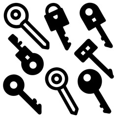 A collection of 9 black and white vector key icons, featuring flat and solid designs, including single keys and keyrings, displayed in a 3x3 grid on a white background