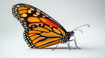 A close-up of a monarch butterfly perched on a white surface