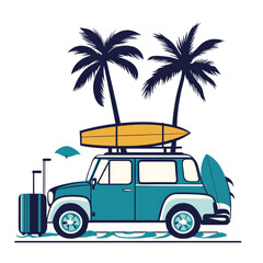 Tropical Getaway: Vector Illustration of Car with Surfboard and Palm Trees