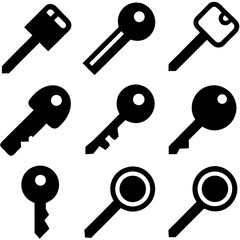 A collection of 9 black and white vector key icons, featuring flat and solid designs, including single keys and keyrings, displayed in a 3x3 grid on a white background