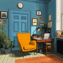Bright and Cozy Home Office Setup With Modern Furnishings and Artwork on Display