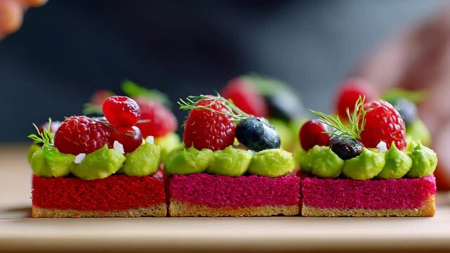 Delicately decorated bite-sized desserts topped with fresh berries, avocado cream, and herbs on a wooden surface.