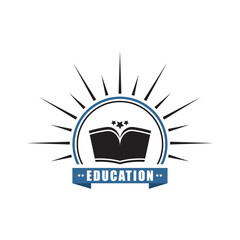 Education Logo Design, Open Book with Stars and Sunburst Emblem for Schools, Colleges, and Institutions
