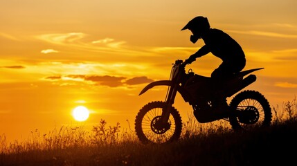 Silhouette of a Motocross Rider on a Dirt Bike Against a Vibrant Sunset Sky, Capturing the Spirit of Adventure and Freedom in the Great Outdoors