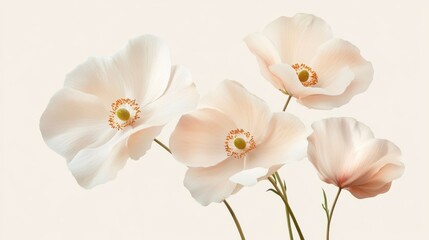 Delicate pale flowers arranged elegantly, soft pastel tones, ideal for greeting cards or floral design themes.