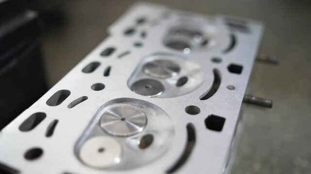 The mechanic lubricates the gear of the valve block of the car engine and repairs it