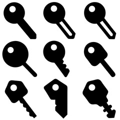 A collection of 9 black and white vector key icons, featuring flat and solid designs, including single keys and keyrings, displayed in a 3x3 grid on a white background