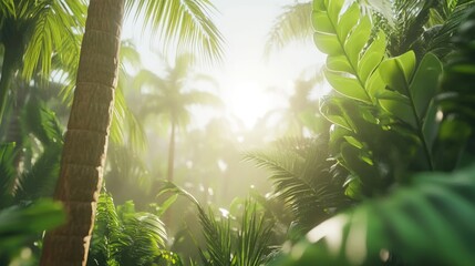 Lush tropical foliage bathed in sunlight, creating a vibrant, misty jungle scene