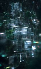 A digital cityscape with interconnected glass structures floating in an atmospheric dark space