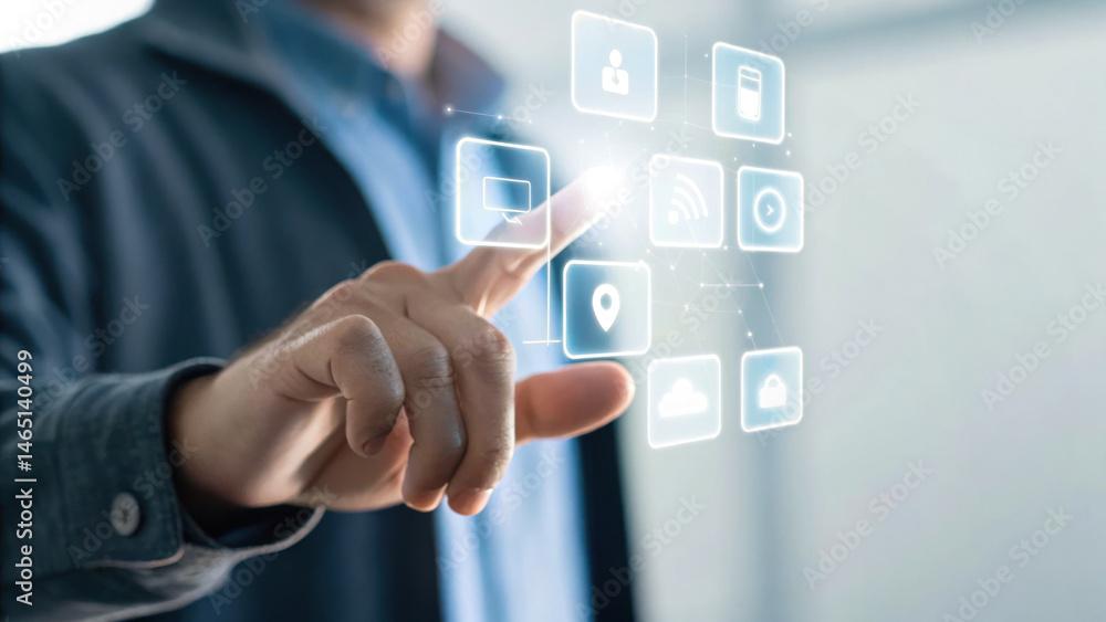 Poster innovative hand motion controlling user interface with digital icons, showcasing technology and inte