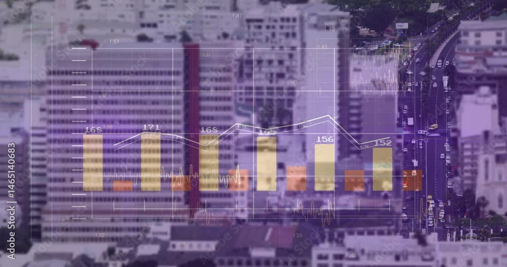 Poster financial data overlay floating over city skyline, showing colored bar charts with white line graph