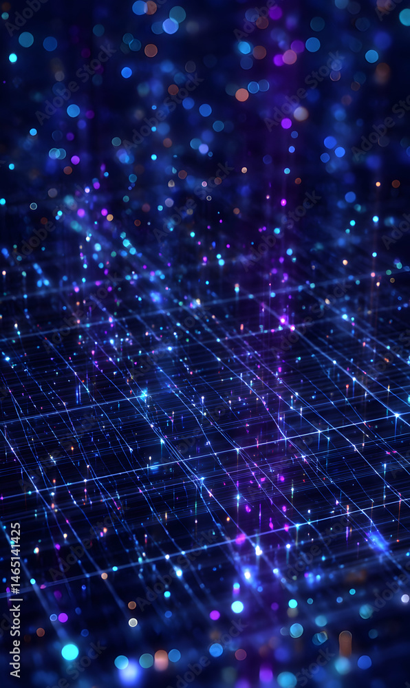 Poster illuminated grid with floating particles creating a captivating digital landscape of light and shado