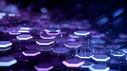 Fototapeta premium Hexagonal network with glowing edges forming a futuristic digital landscape in shades of violet and blue