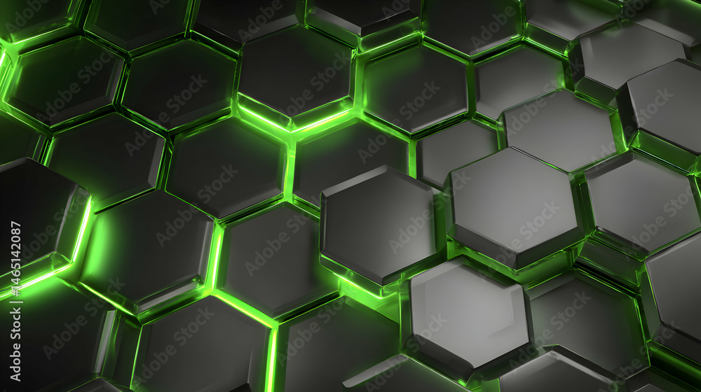 Poster futuristic interconnected hexagonal elements illuminated with a vibrant green glow for creative desi