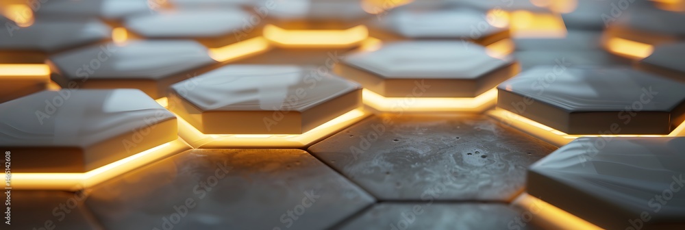 Poster abstract close-up of textured hexagonal tiles with glowing orange light emanating from beneath. repr