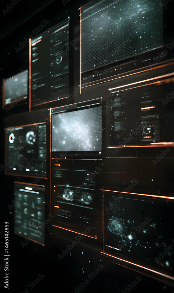 Poster displays showcasing advanced interfaces projecting cosmic imagery in a dimly illuminated command cen