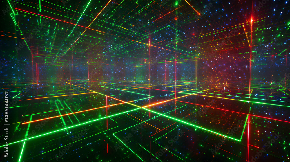 Poster dynamic convergence of geometric lines and luminous specks, reflecting a multidimensional perspectiv