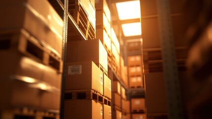 Dimly lit storage room, rows of cardboard boxes stacked neatly, warm glow highlighting organized space, perfect for inventory theme.
