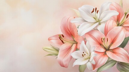 Delicate pink and white lilies, soft floral arrangement on a gentle background, perfect for invitations or spring themes.