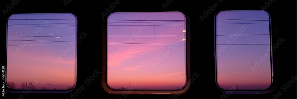 Poster sunset sky beautifully reflected in high-speed train windows during evening travel generative ai