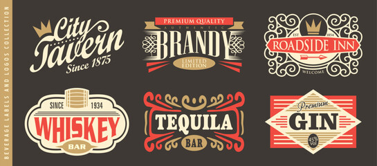 Alcoholic beverages and drinks labels and logos collection. Vector label designs for drinks and bars with decorative ornaments.