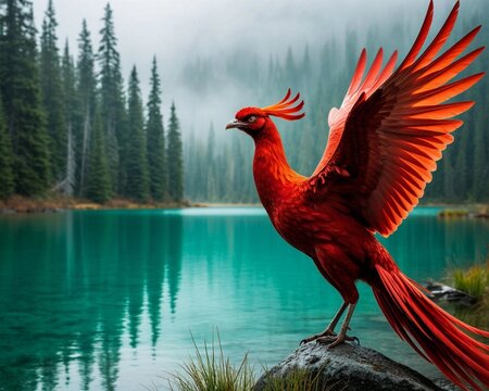A mighty scarlet phoenix with wide-spread wings rises above a peaceful turquoise lake, disappearing into the haze of a mysterious forest landscape.