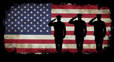 Silhouetted Soldiers Saluting Distressed American Flag: Powerful Memorial Day Tribute, Veterans Day Remembrance, Patriotic Graphic Design with Vintage Texture, Honoring Military Service with Dignity
