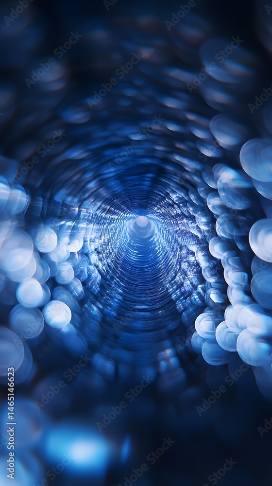 Poster a captivating abstract image featuring a tunnel like structure composed of curving luminous circles 