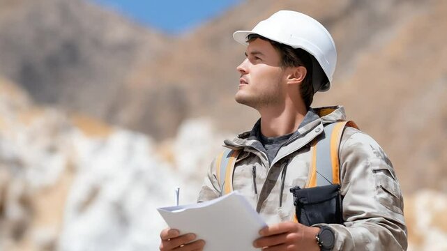 Geologist examines rock samples at an open-pit mining site for geological analysis.