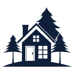 Fototapeta premium Silhouette of a Cabin House with Pine Trees in a Forest Setting Vector White Background 