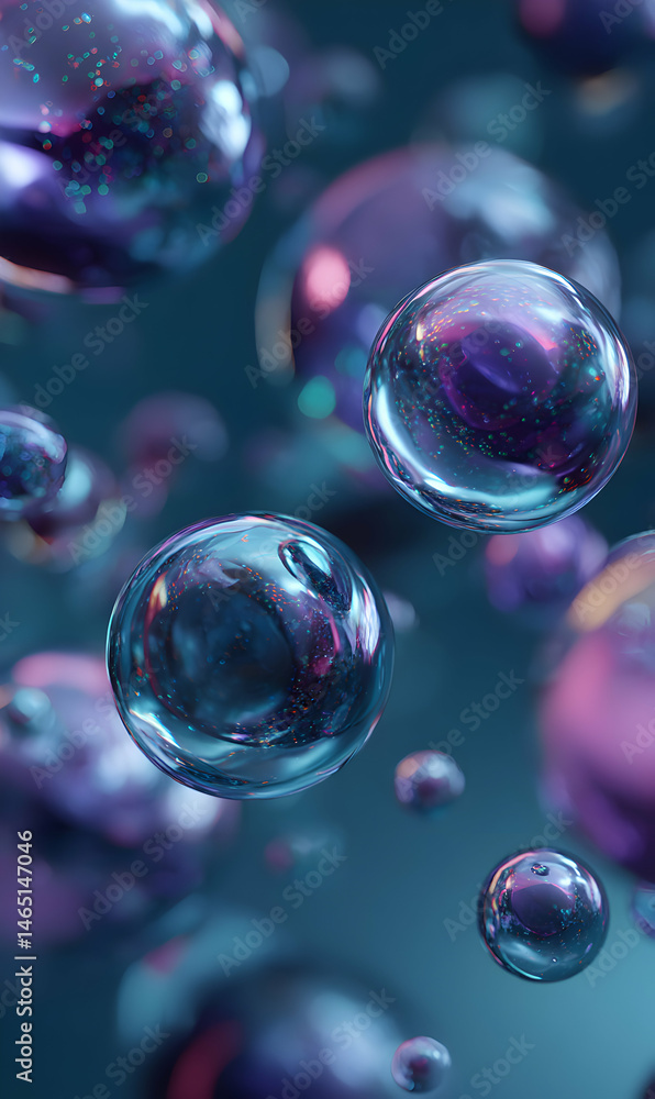 Poster iridescent sphere cluster floating in a serene cyan space casting delicate reflections throughout th