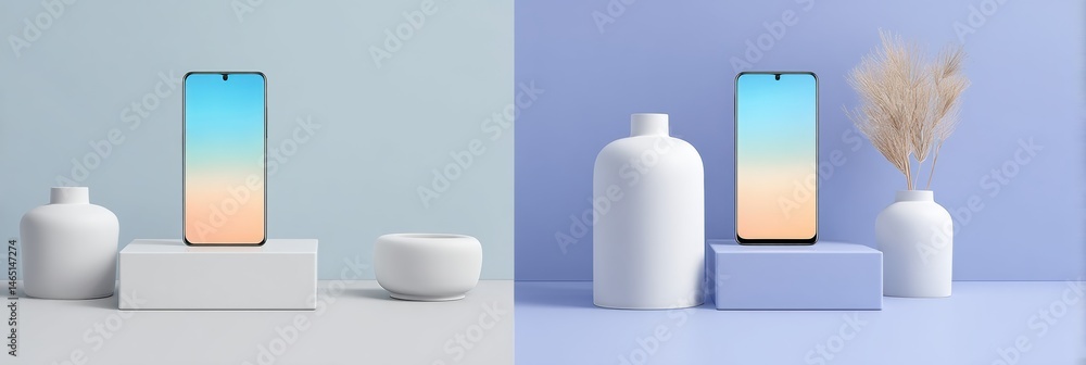 Aufkleber Minimalist Product Display Featuring Smartphone and Stylish Decor on Gradient Background in Clean and Modern Setting Generative AI