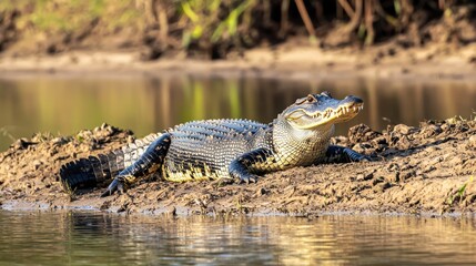A crocodile sunbathing on the riverbank, with its mouth open slightly, on a white background