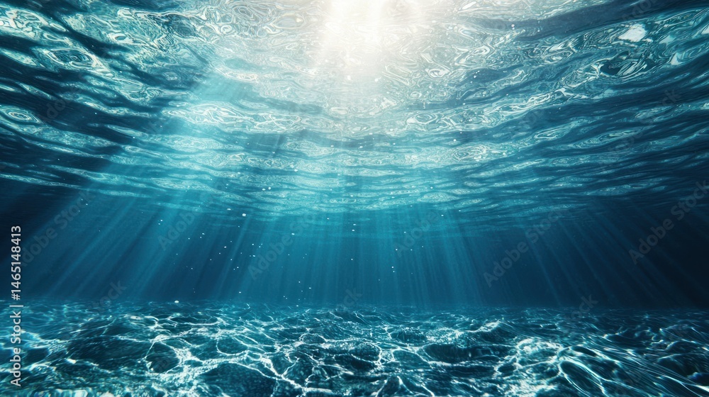 Poster a crystal-clear underwater scene with light beams filtering through on a white background