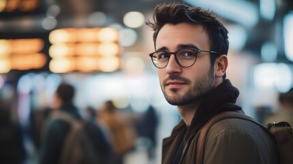 Obraz premium Urban man with glasses, thoughtful gaze, and travel bag.