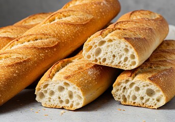 Naklejka premium Close up shot of several loaves of crusty french bread with a sliced baguette on a grey surface
