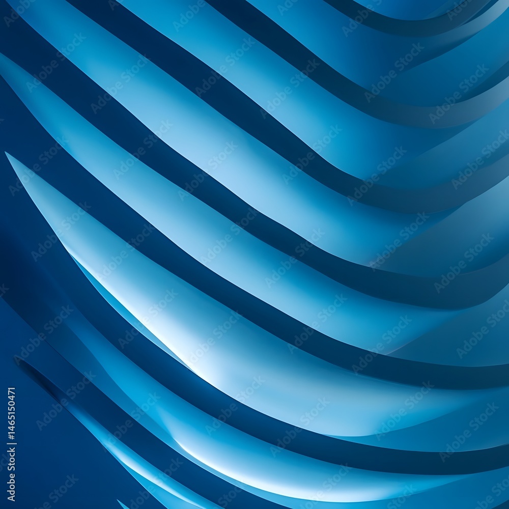 Poster serene and minimalist abstract image featuring a dynamic pattern of flowing blue waves and curved li