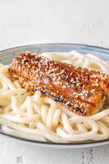 Udon Noodles With Baked Eel And Sweet Unagi Sauce In Bowl