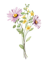 Watercolor wild flowers decor for stationary, greetings, etc. floral decoration. Digital botanical illustration hand drawing.