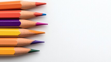 Fototapeta premium Colorful Pencil Tips Lined Up on a Bright White Surface with Vibrant Hues and Perfect Sharpening