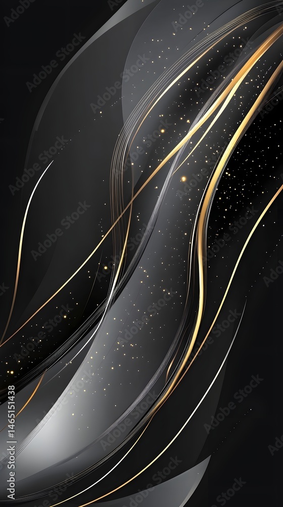 Poster captivating dark abstract background with dynamic flowing curves in shimmering gold and silver tones