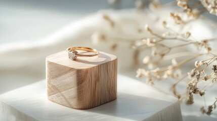 A delicate ring displayed on a sleek wooden block