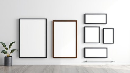 Empty picture frames on a wall with a plant