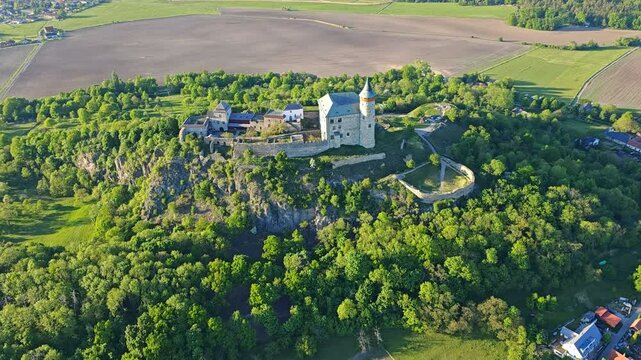 Kuneticka Hora castle near Pardubice, Czech Republic, captured in stunning aerial panorama with surrounding landscape views